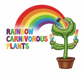 Illustration of a Venus flytrap cartoon plant with a rainbow mouth and utensils, labeled 'Rainbow Carnivorous Plants'.